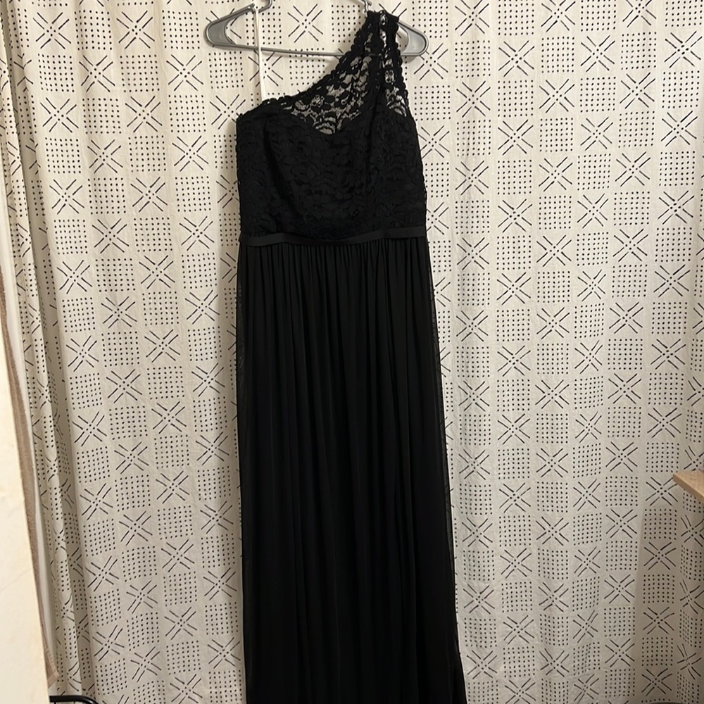 Black one shoulder lace bridesmaid dress/ Davids Bridal